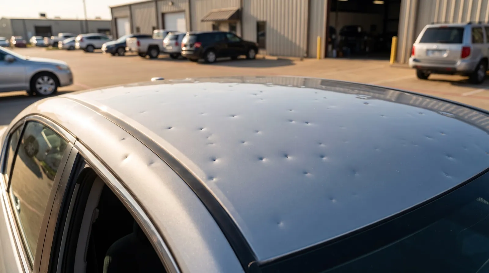 Silver sedan roof covered in hail dents at a Carrollton body shop