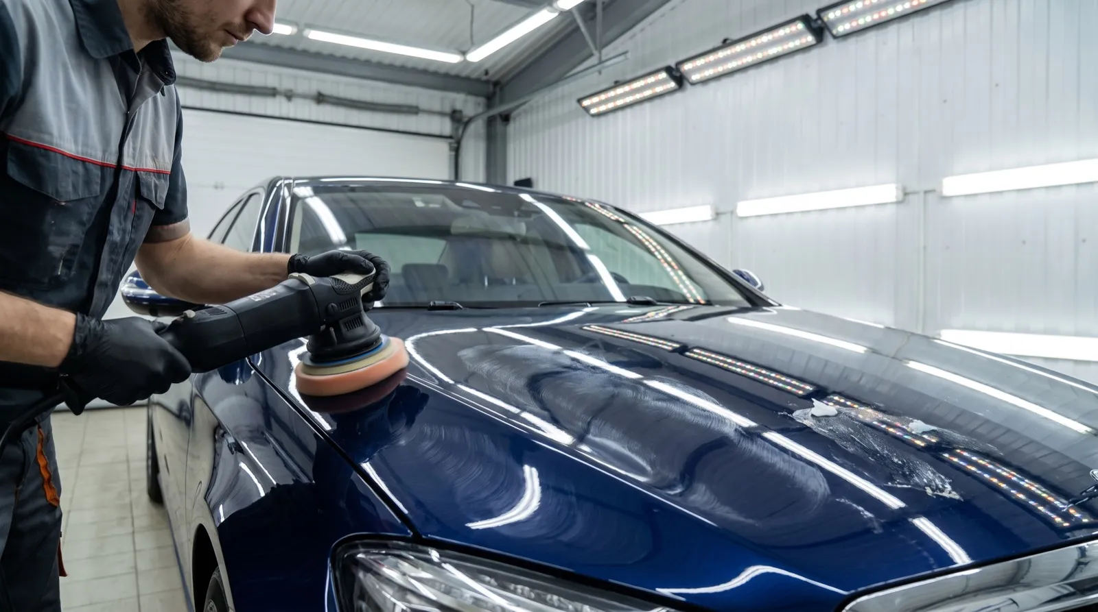 Detailer using a polisher to remove swirl marks from a car hood
