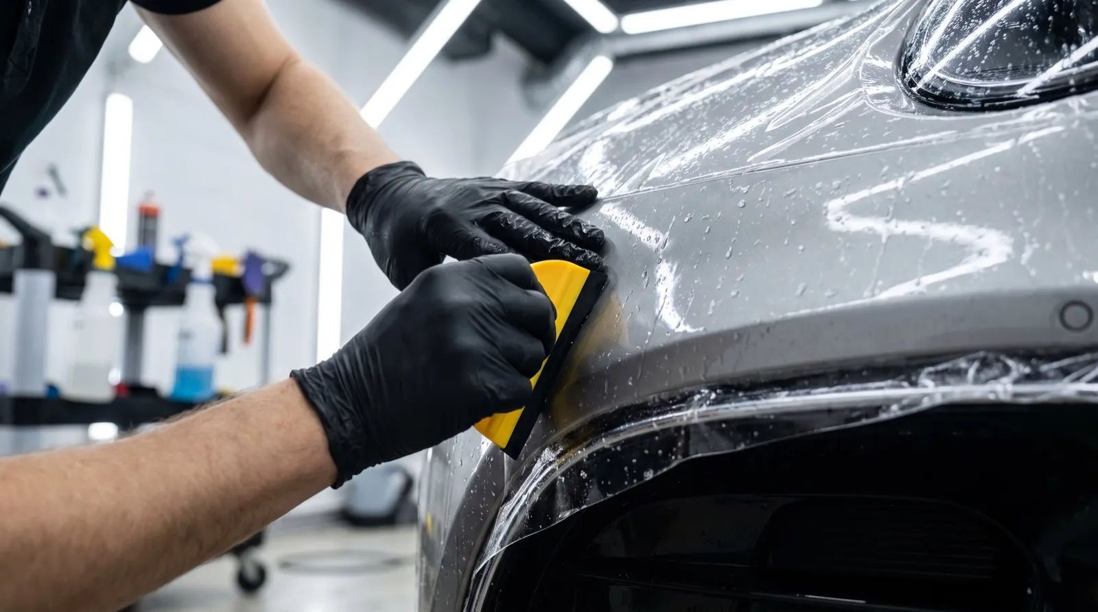 Installer applying clear paint protection film to a car bumper