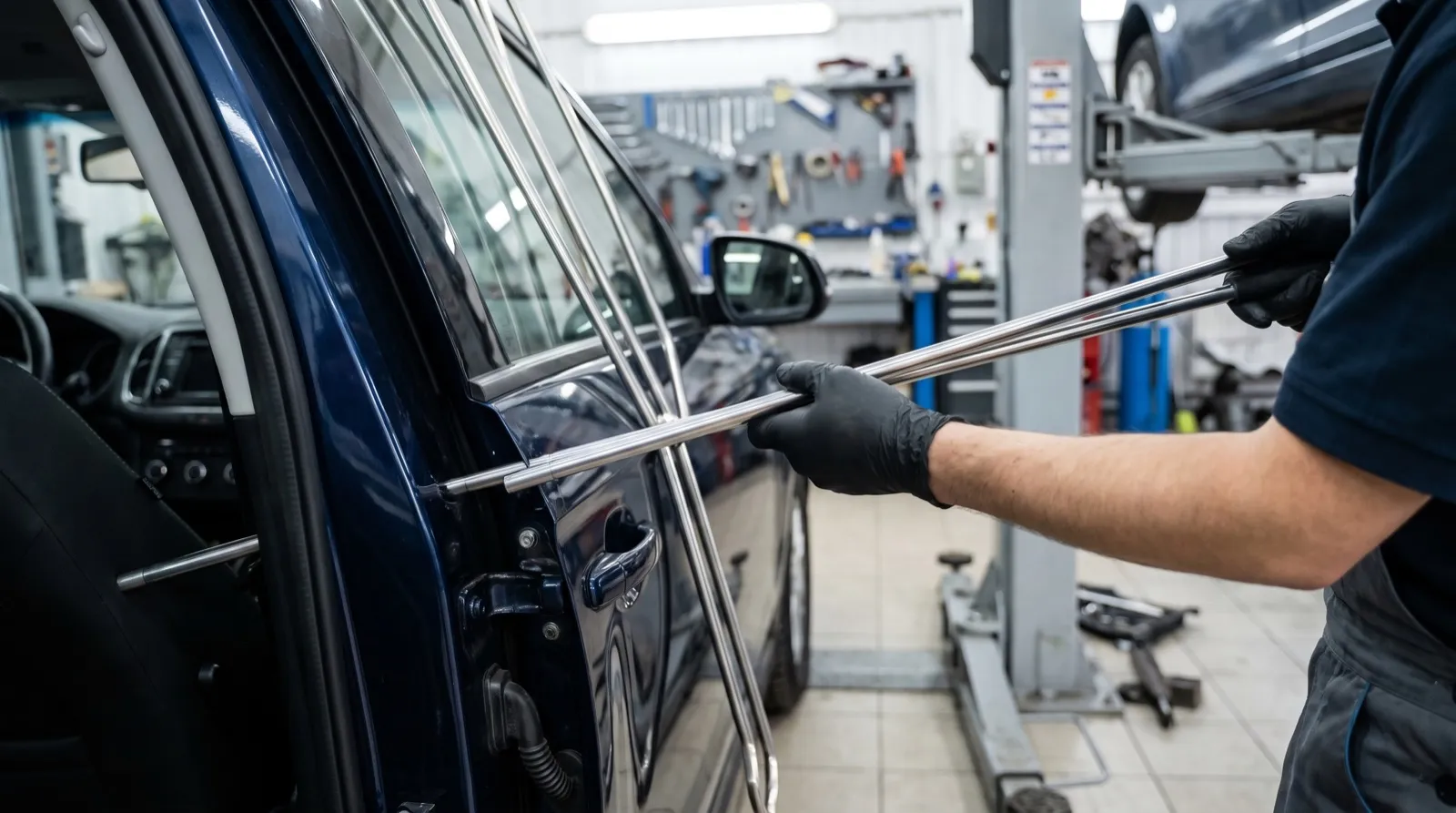 Technician performing paintless dent repair on a car door panel