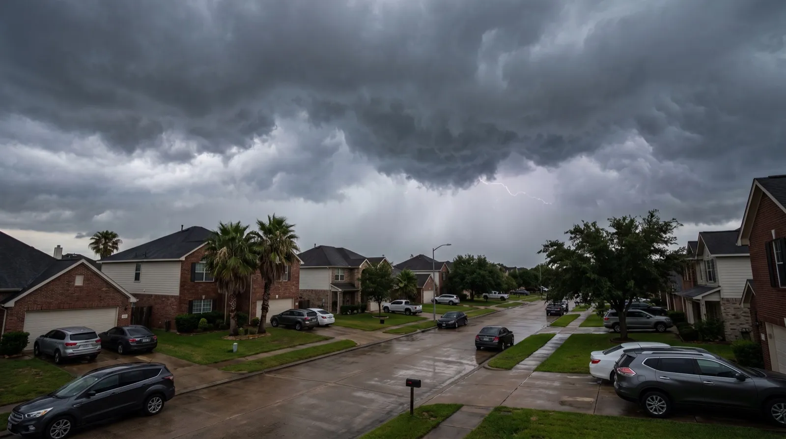 Storm clouds gathering over a Texas neighborhood before a hailstorm