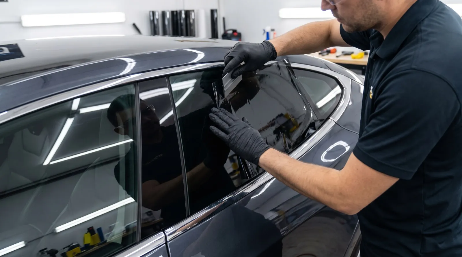 Installer applying window tint film to a car side window